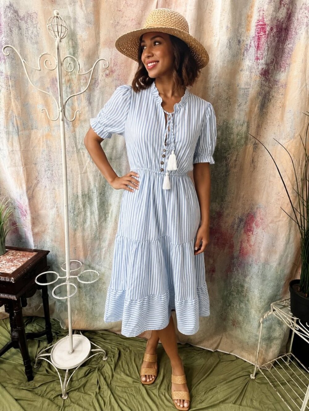 New 📌Sexyasasii Summer Ruffle Striped Midi High Waist Dress with Puff Sleeves